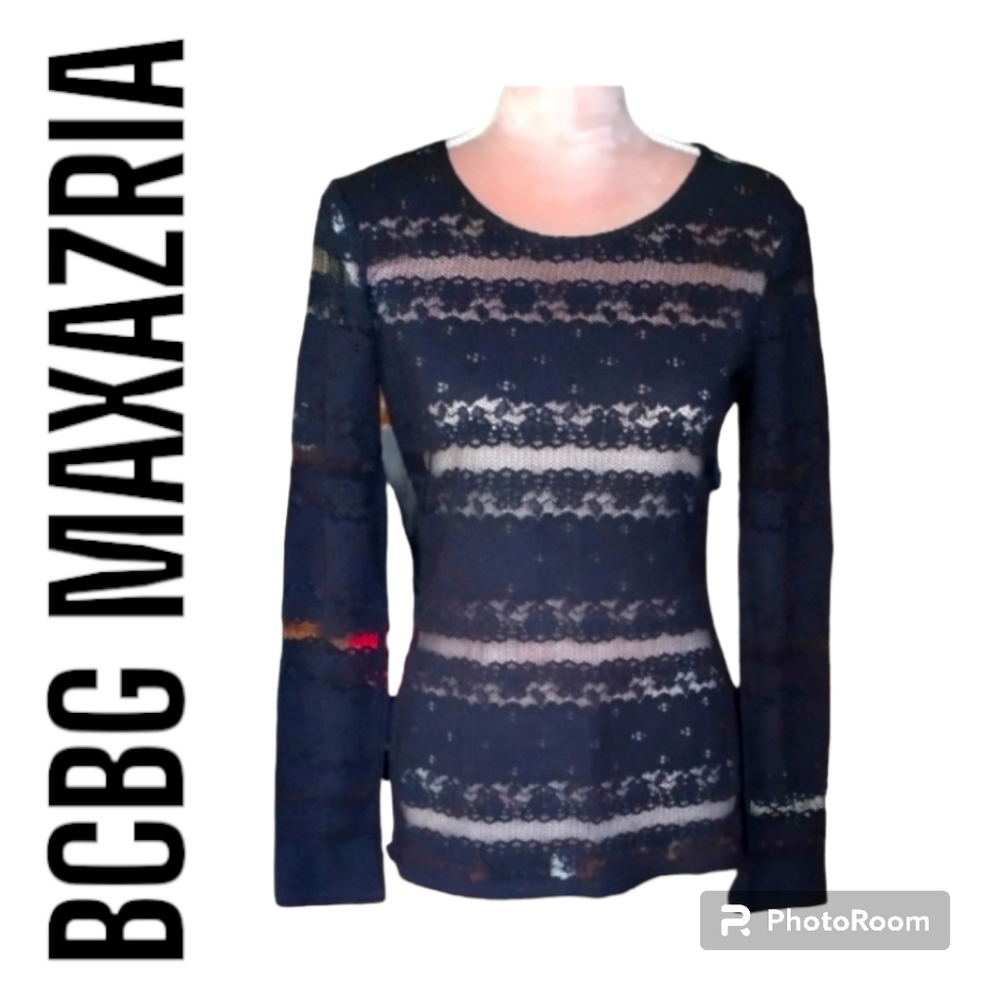 BCBG MAXARIA| BLACK EMBROIDED & SHEER LONG SLEEVE SIZE LARGE 😍❤️